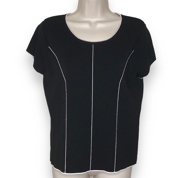 Vintage Carducci Black Cream Seaming Trim Short Sleeve Round Neck 90s Top Large - Picture 1 of 11